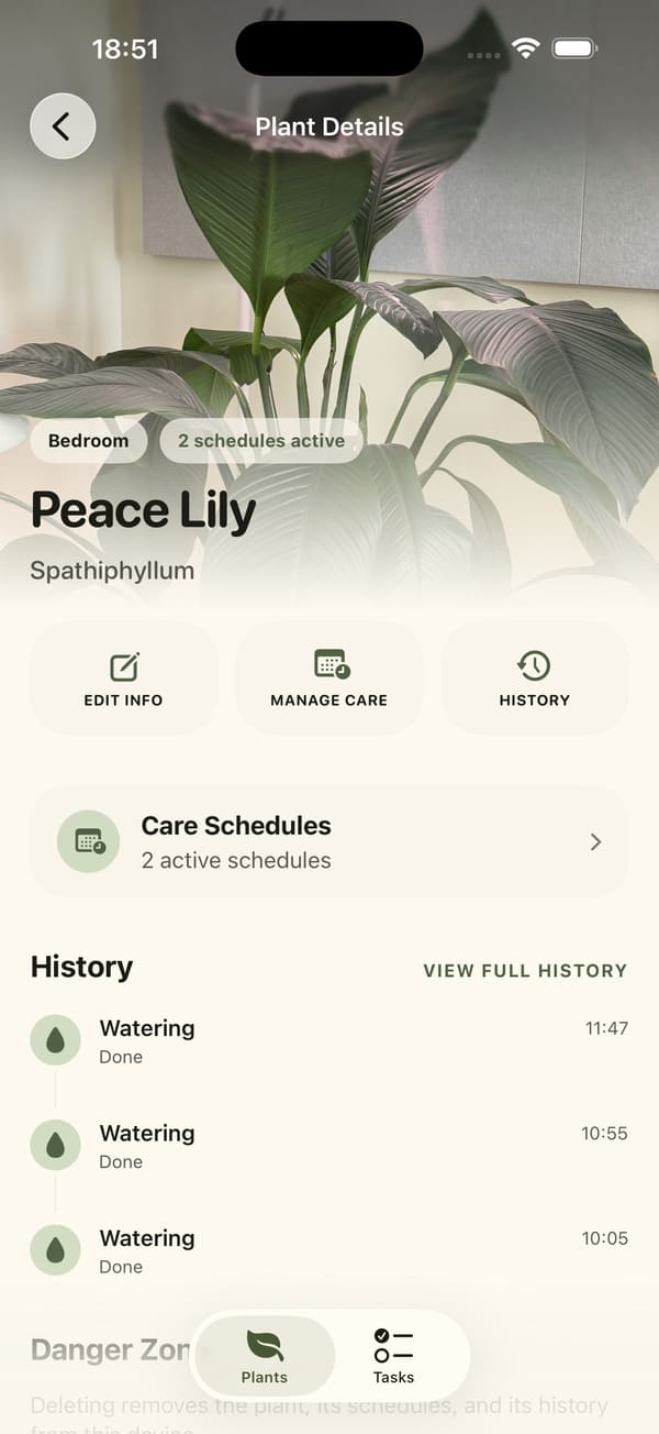 Hyperplant app screen showing a Peace Lily plant record with care actions and watering history.